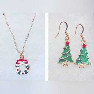 Handmade Holiday Christmas Wreath & Tree Charm Necklace & Earring Set 🎁🎄